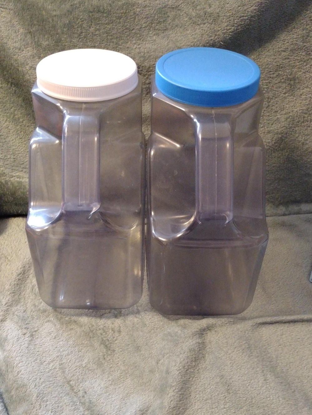 Set of 2 Clear Oblong Handheld Pantry Canisters with Blue and White Lids